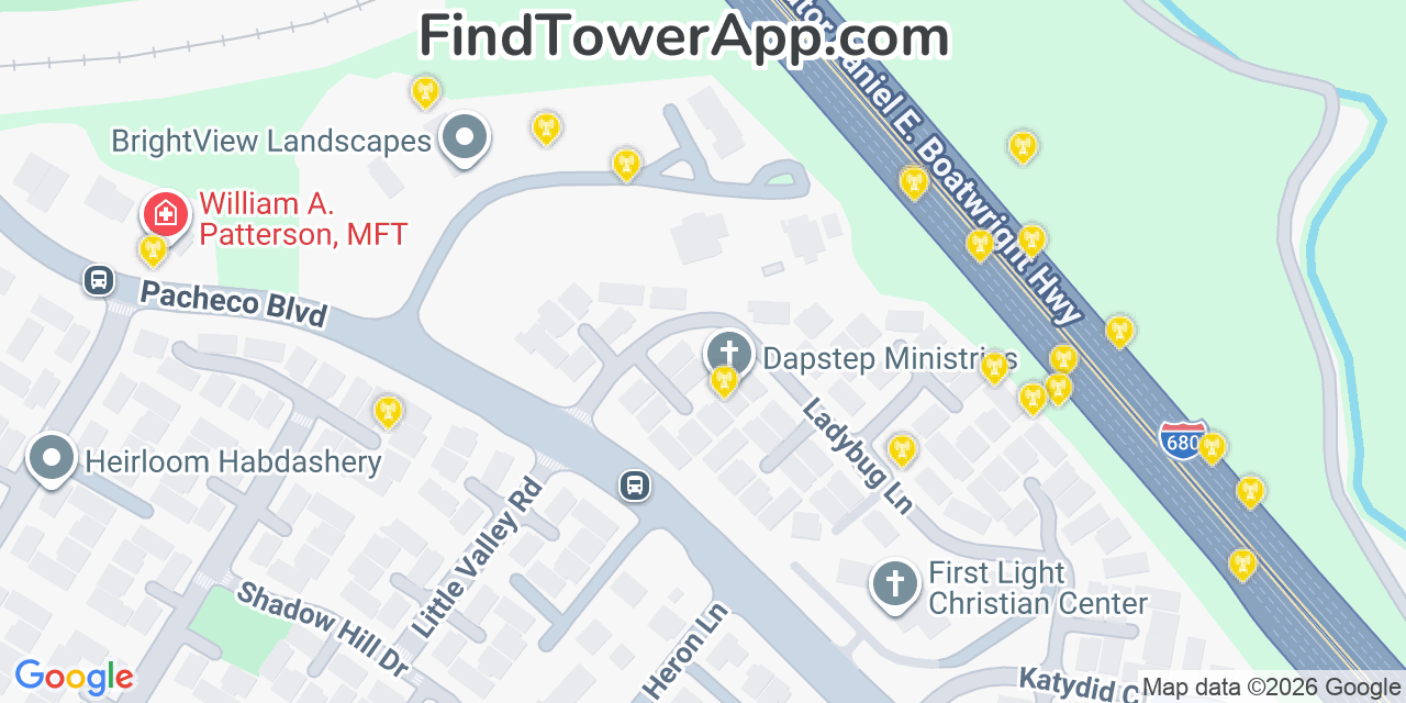 Map showing the 20 primary cell tower locations detected in Vine Hill, California from AT&T, Verizon, and T-Mobile networks