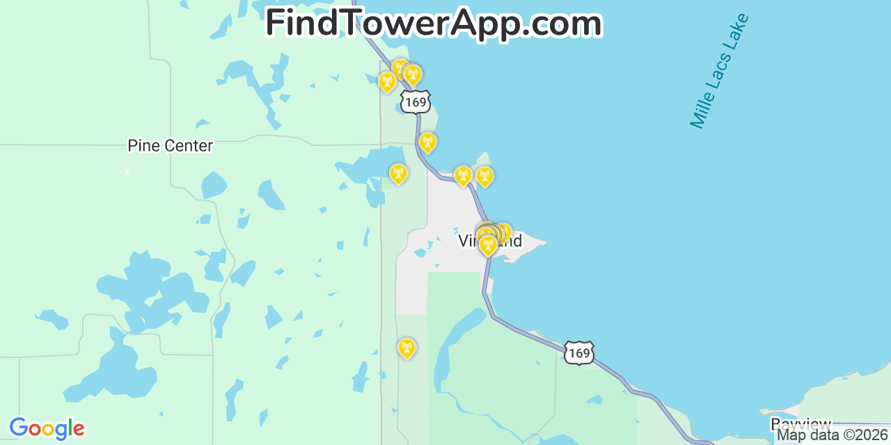 Map showing the 20 primary cell tower locations detected in Vineland, Minnesota from AT&T, Verizon, and T-Mobile networks