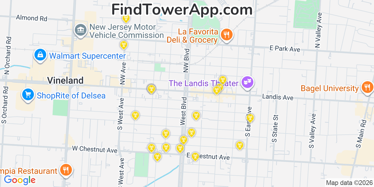 Map showing the 20 primary cell tower locations detected in Vineland, New Jersey from AT&T, Verizon, and T-Mobile networks