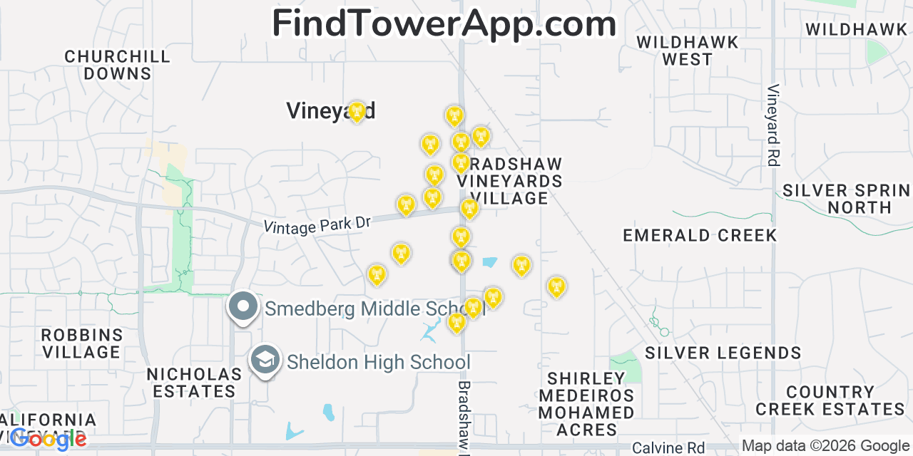 Map showing the 20 primary cell tower locations detected in Vineyard, California from AT&T, Verizon, and T-Mobile networks