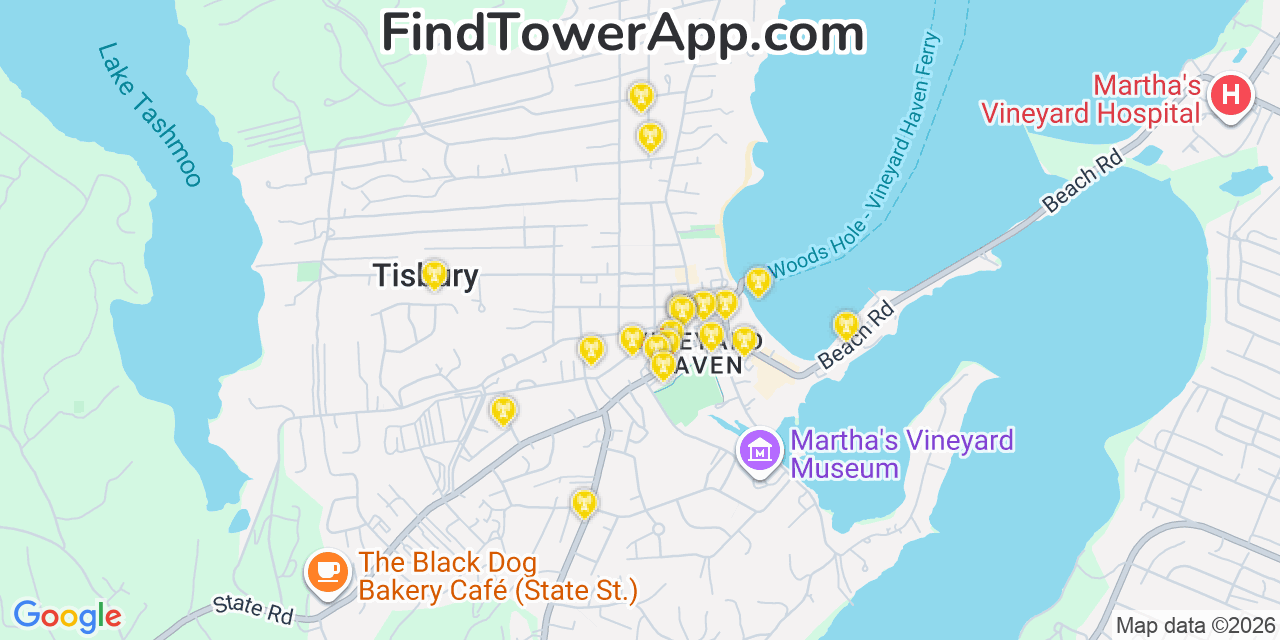 Map showing the 20 primary cell tower locations detected in Vineyard Haven, Massachusetts from AT&T, Verizon, and T-Mobile networks