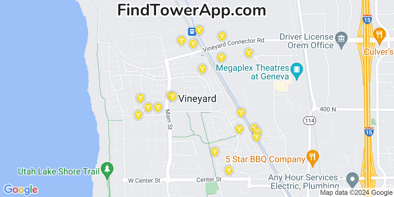 AT&T 4G/5G cell tower coverage map Vineyard, Utah