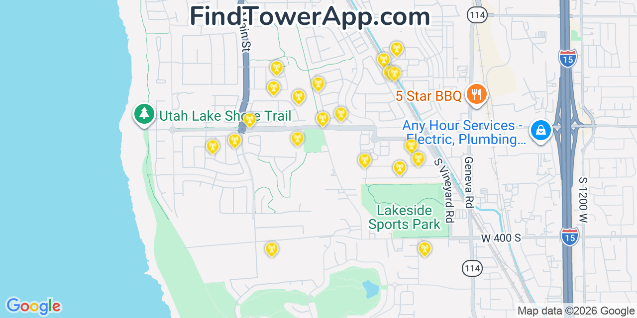 Map showing the 20 primary cell tower locations detected in Vineyard, Utah from AT&T, Verizon, and T-Mobile networks