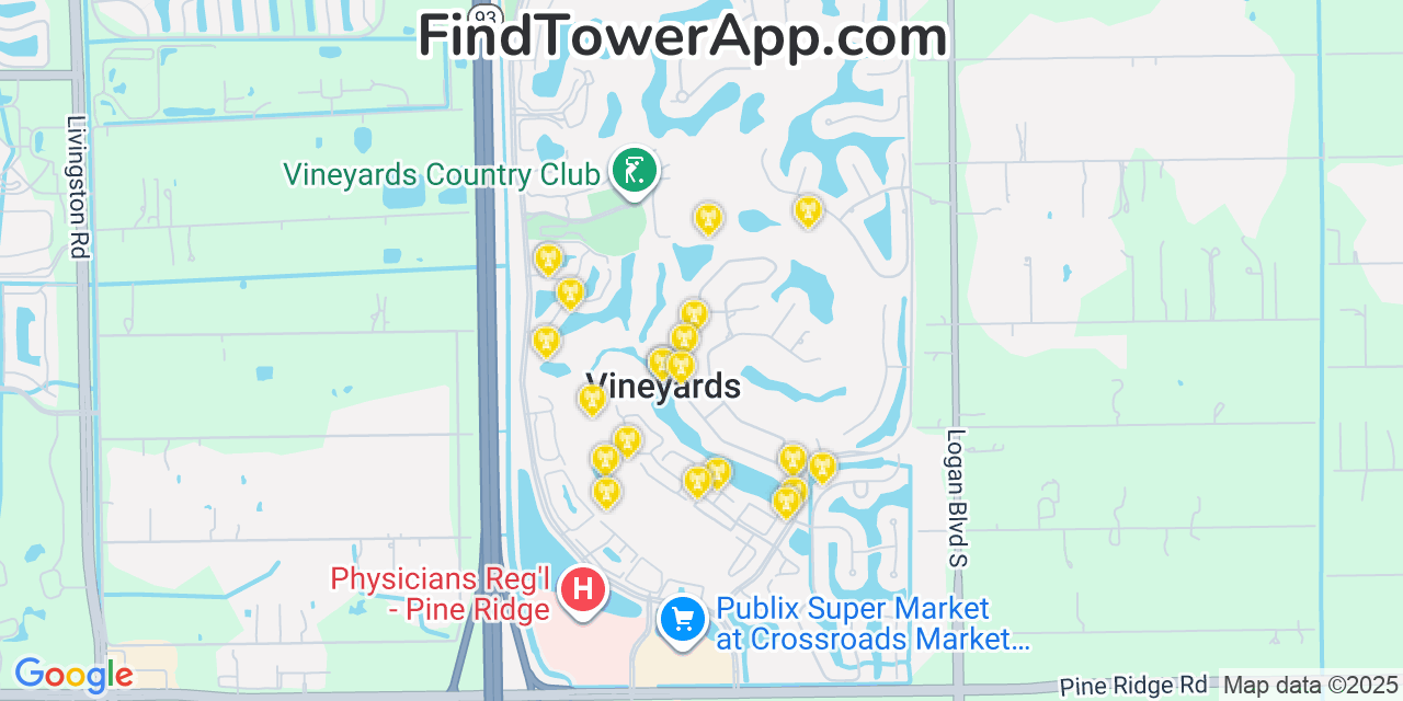 Map showing the 20 primary cell tower locations detected in Vineyards, Florida from AT&T, Verizon, and T-Mobile networks
