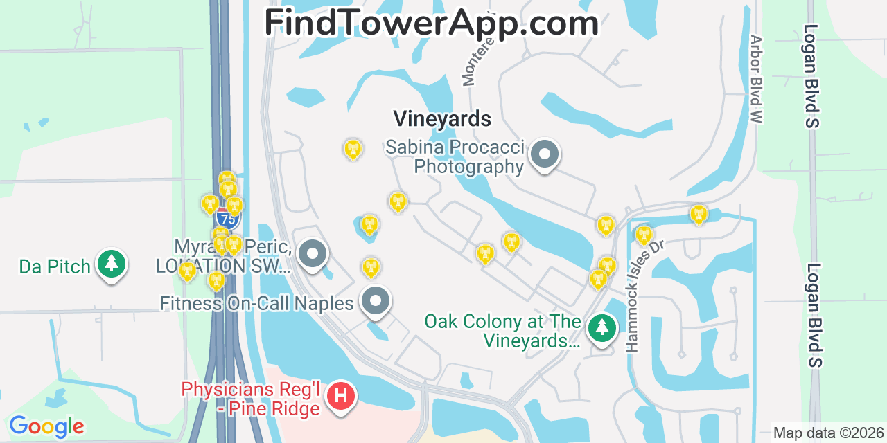 Map showing the 20 primary cell tower locations detected in Vineyards, Florida from AT&T, Verizon, and T-Mobile networks