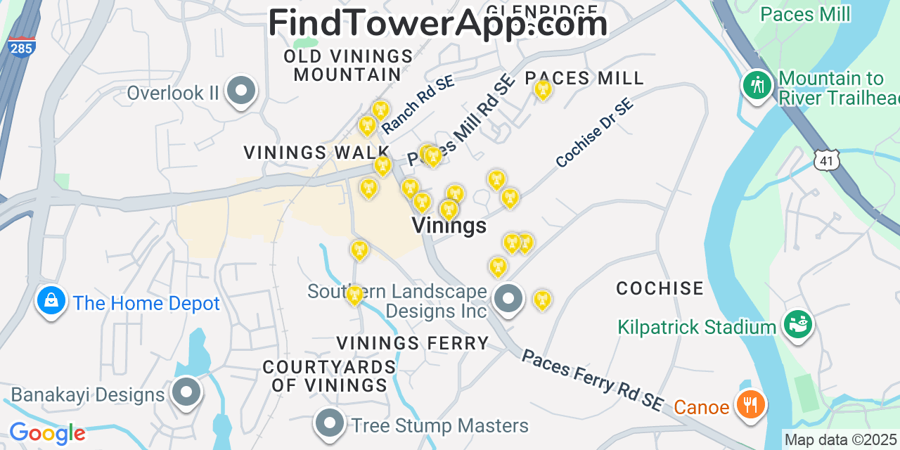 Map showing the 20 primary cell tower locations detected in Vinings, Georgia from AT&T, Verizon, and T-Mobile networks