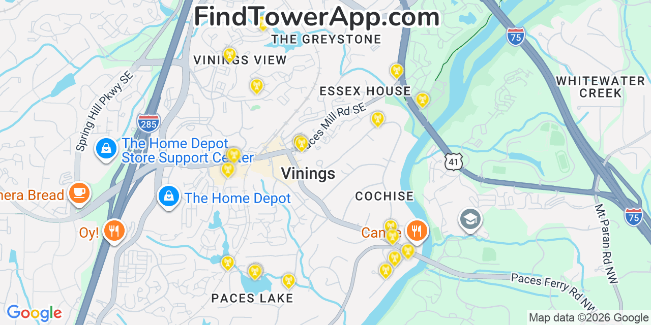 Map showing the 20 primary cell tower locations detected in Vinings, Georgia from AT&T, Verizon, and T-Mobile networks