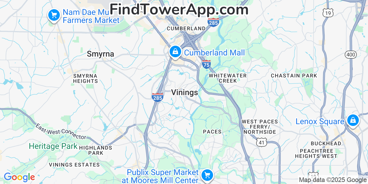 Map showing the 20 primary Mobitel cell tower locations detected in Vinings, Georgia with coverage radius and signal strength indicators