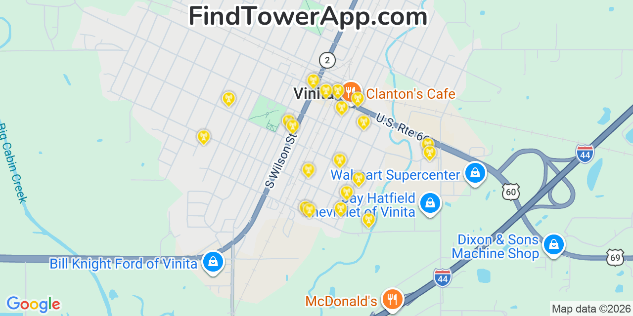Map showing the 20 primary cell tower locations detected in Vinita, Oklahoma from AT&T, Verizon, and T-Mobile networks
