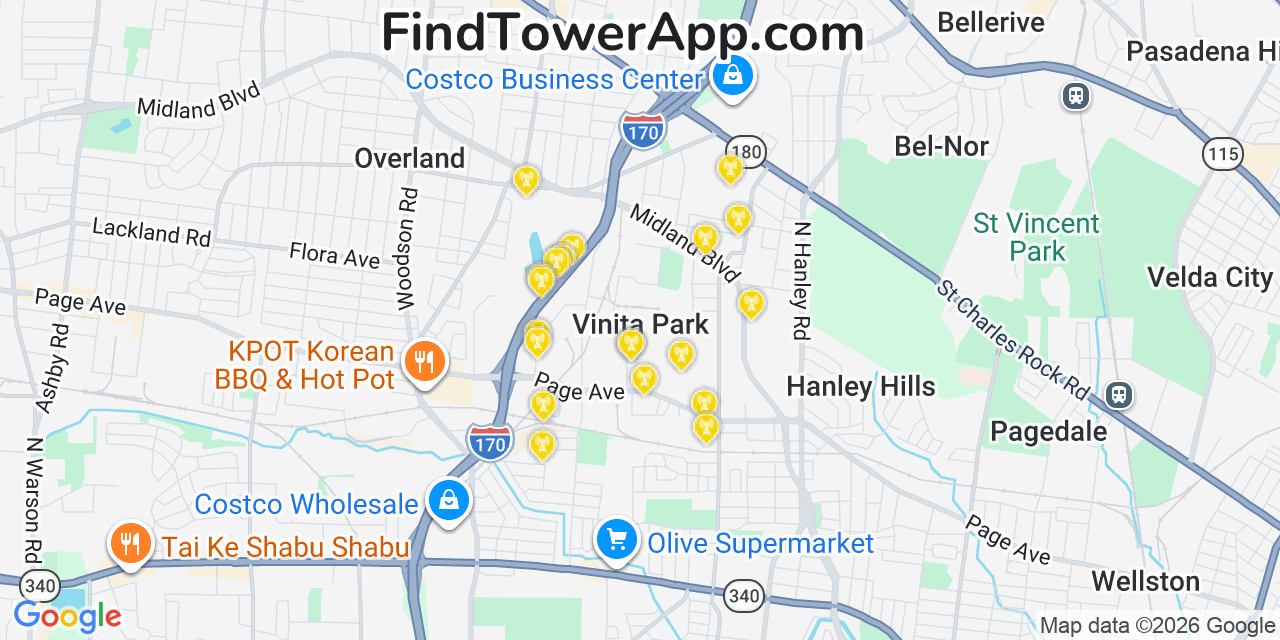 Map showing the 20 primary cell tower locations detected in Vinita Park, Missouri from AT&T, Verizon, and T-Mobile networks