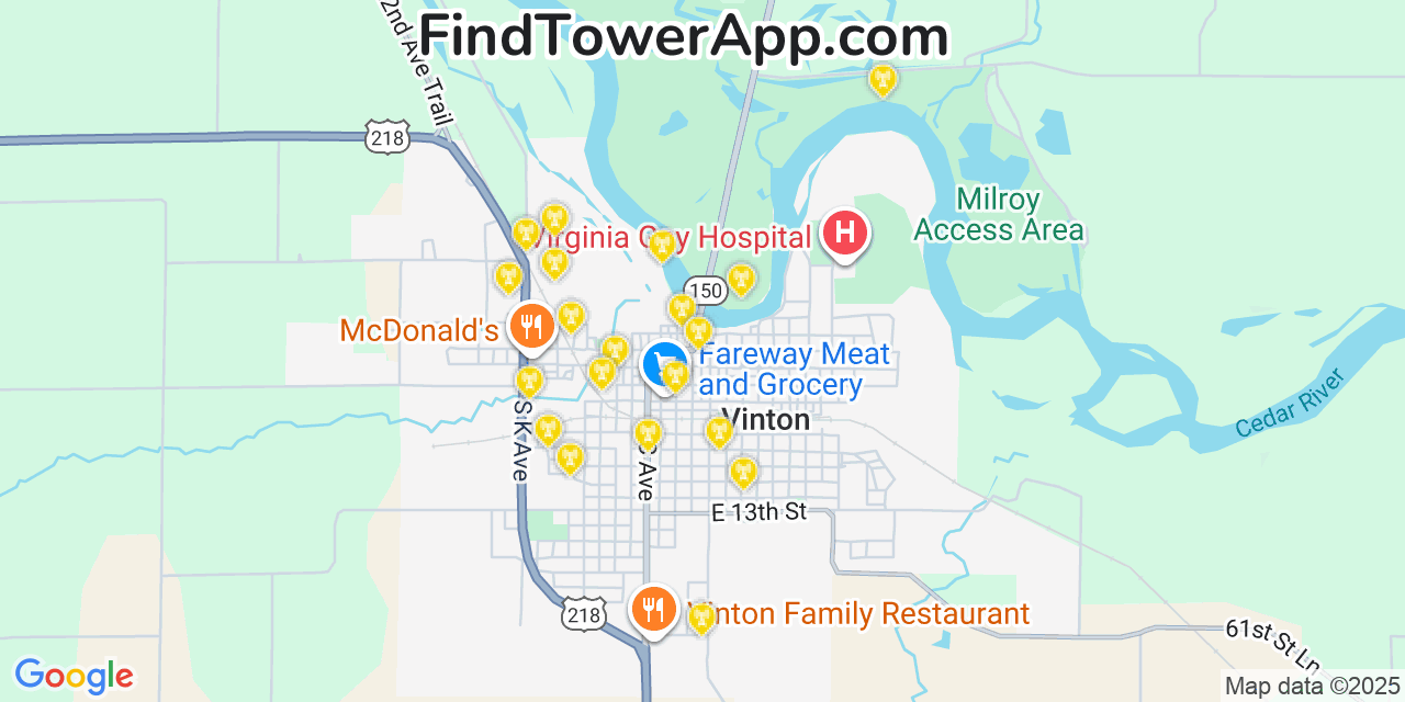 Map showing the 20 primary cell tower locations detected in Vinton, Iowa from AT&T, Verizon, and T-Mobile networks