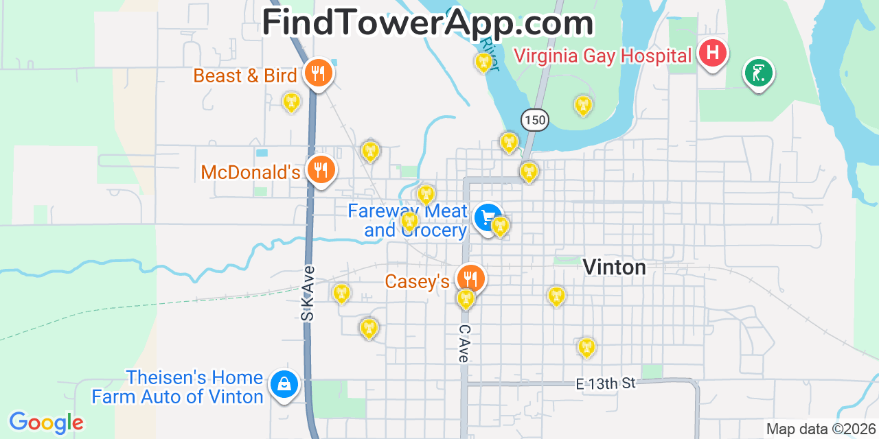 Map showing the 20 primary cell tower locations detected in Vinton, Iowa from AT&T, Verizon, and T-Mobile networks