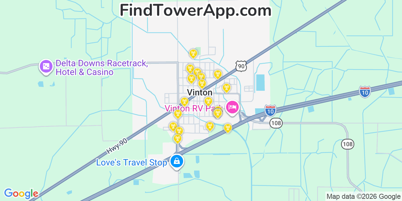 Map showing the 20 primary cell tower locations detected in Vinton, Louisiana from AT&T, Verizon, and T-Mobile networks
