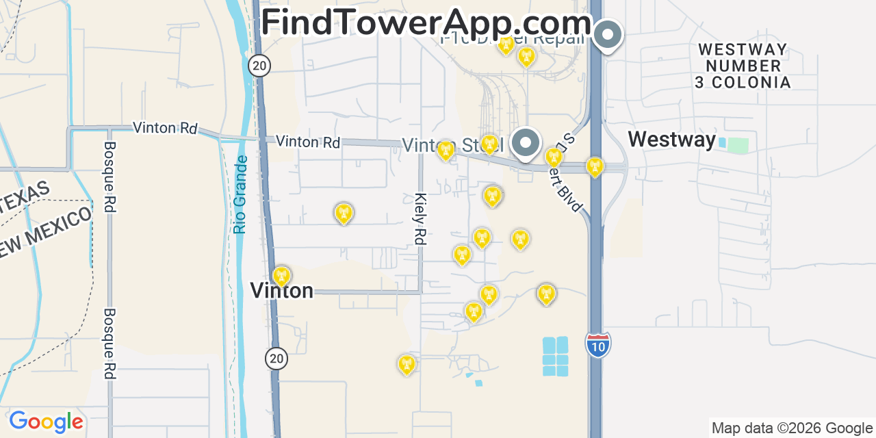 Map showing the 20 primary cell tower locations detected in Vinton, Texas from AT&T, Verizon, and T-Mobile networks