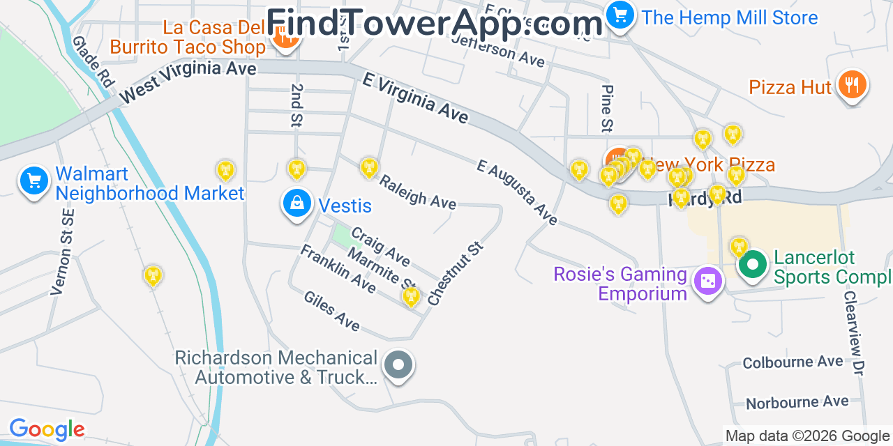 Map showing the 20 primary cell tower locations detected in Vinton, Virginia from AT&T, Verizon, and T-Mobile networks