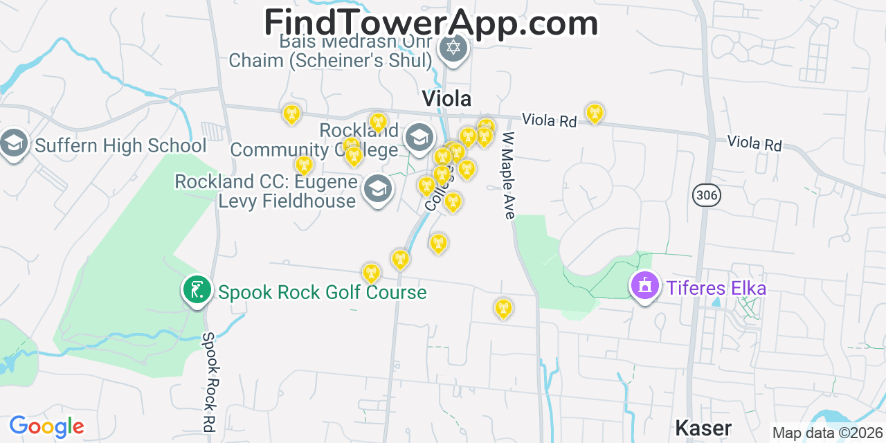 Map showing the 20 primary cell tower locations detected in Viola, New York from AT&T, Verizon, and T-Mobile networks