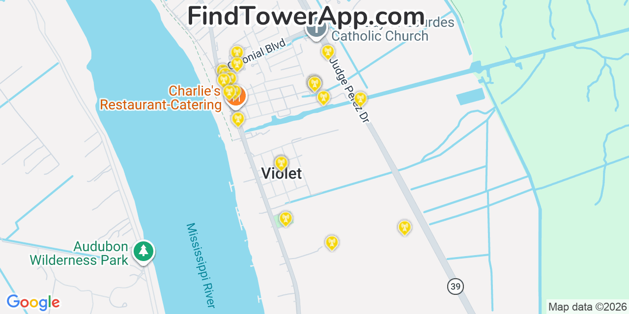 Map showing the 20 primary cell tower locations detected in Violet, Louisiana from AT&T, Verizon, and T-Mobile networks