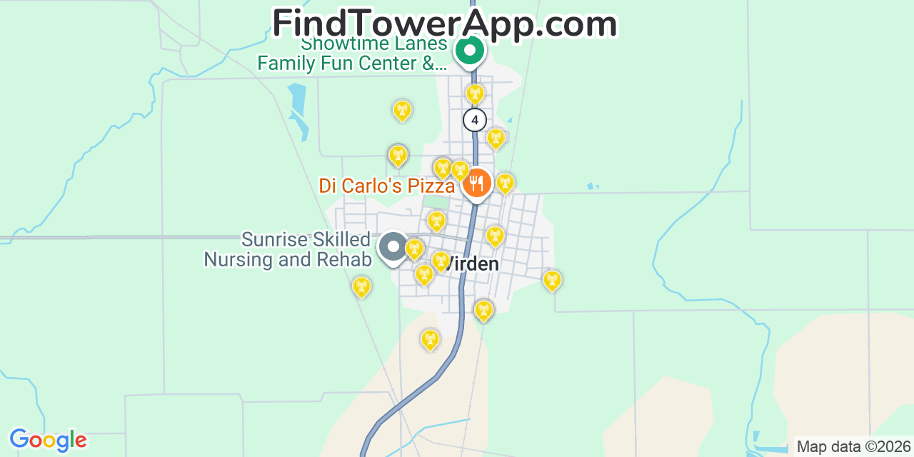 Map showing the 20 primary cell tower locations detected in Virden, Illinois from AT&T, Verizon, and T-Mobile networks