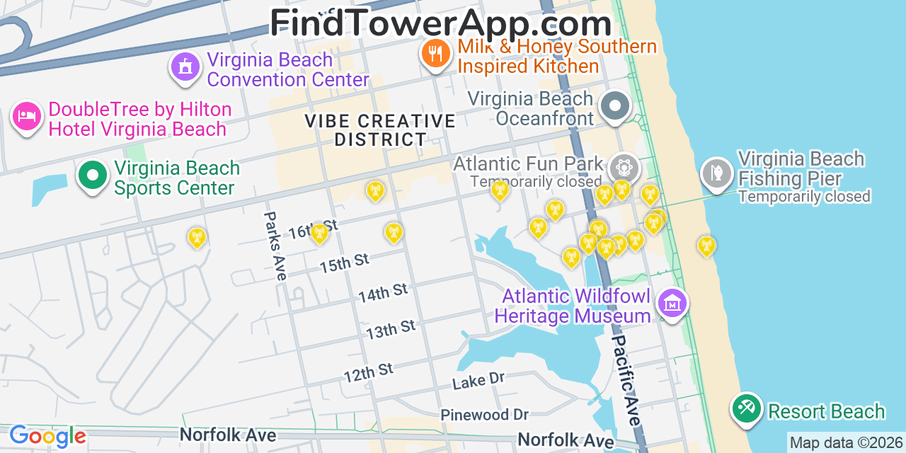 Map showing the 20 primary cell tower locations detected in Virginia Beach, Virginia from AT&T, Verizon, and T-Mobile networks