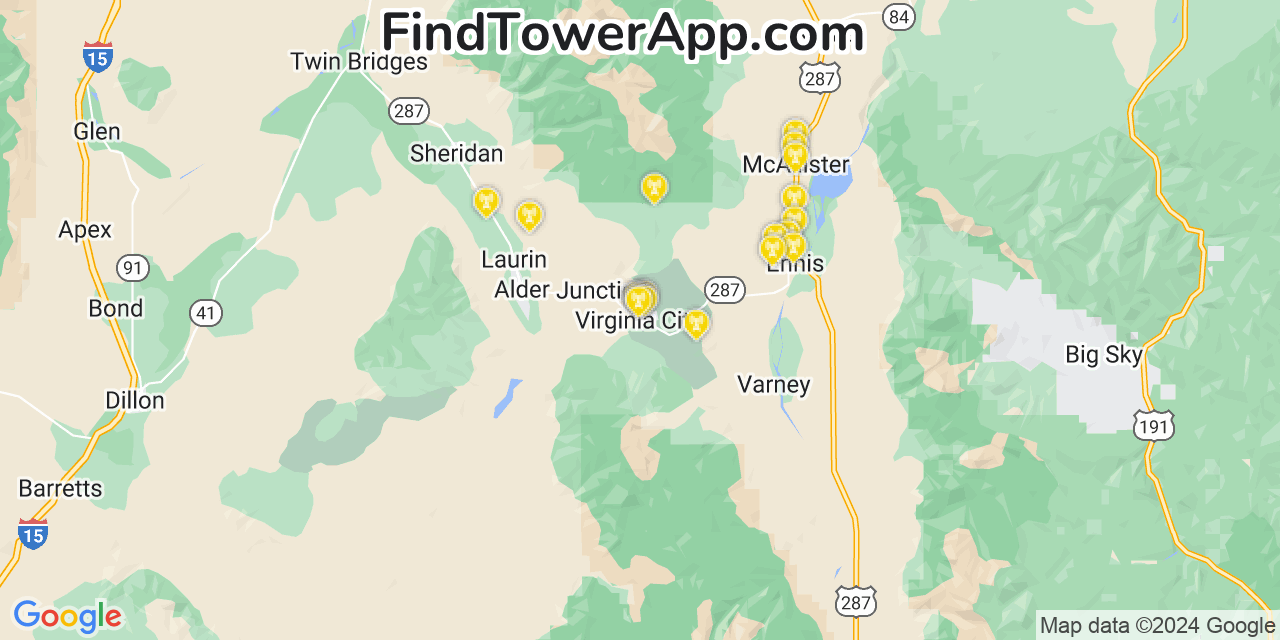 AT&T 4G/5G cell tower coverage map Virginia City, Montana