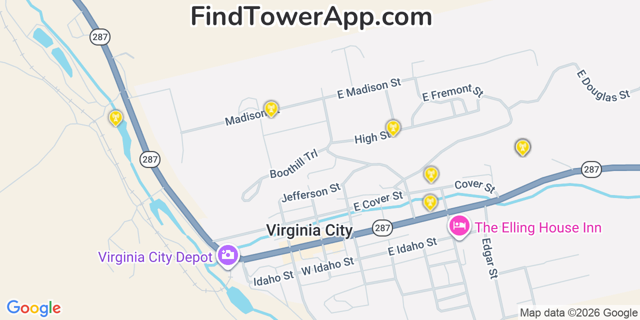 Map showing the 20 primary cell tower locations detected in Virginia City, Montana from AT&T, Verizon, and T-Mobile networks