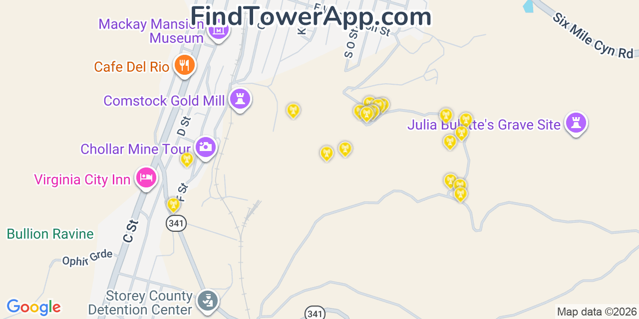 Map showing the 20 primary cell tower locations detected in Virginia City, Nevada from AT&T, Verizon, and T-Mobile networks