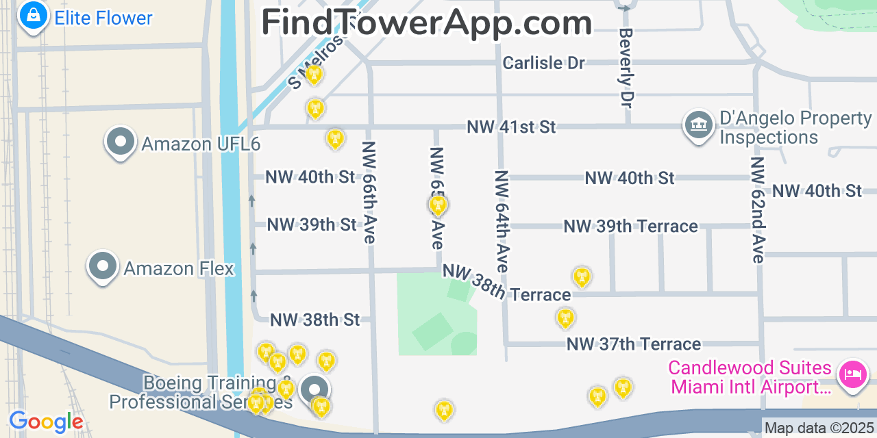 Map showing the 20 primary cell tower locations detected in Virginia Gardens, Florida from AT&T, Verizon, and T-Mobile networks