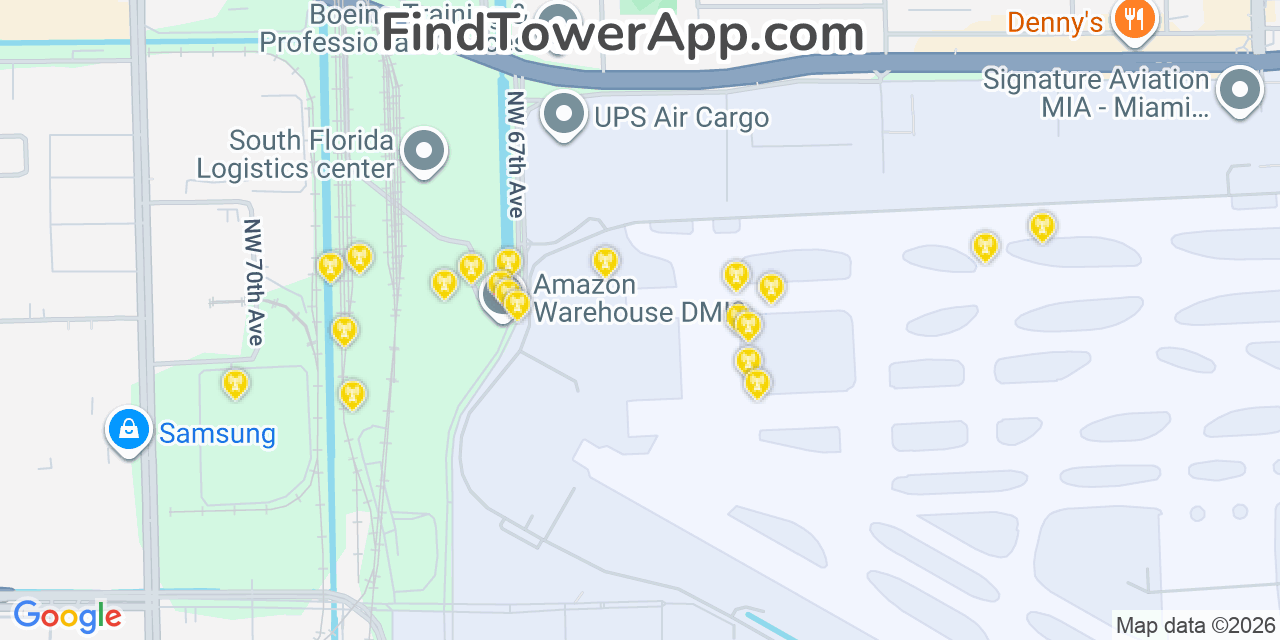 Map showing the 20 primary cell tower locations detected in Virginia Gardens, Florida from AT&T, Verizon, and T-Mobile networks