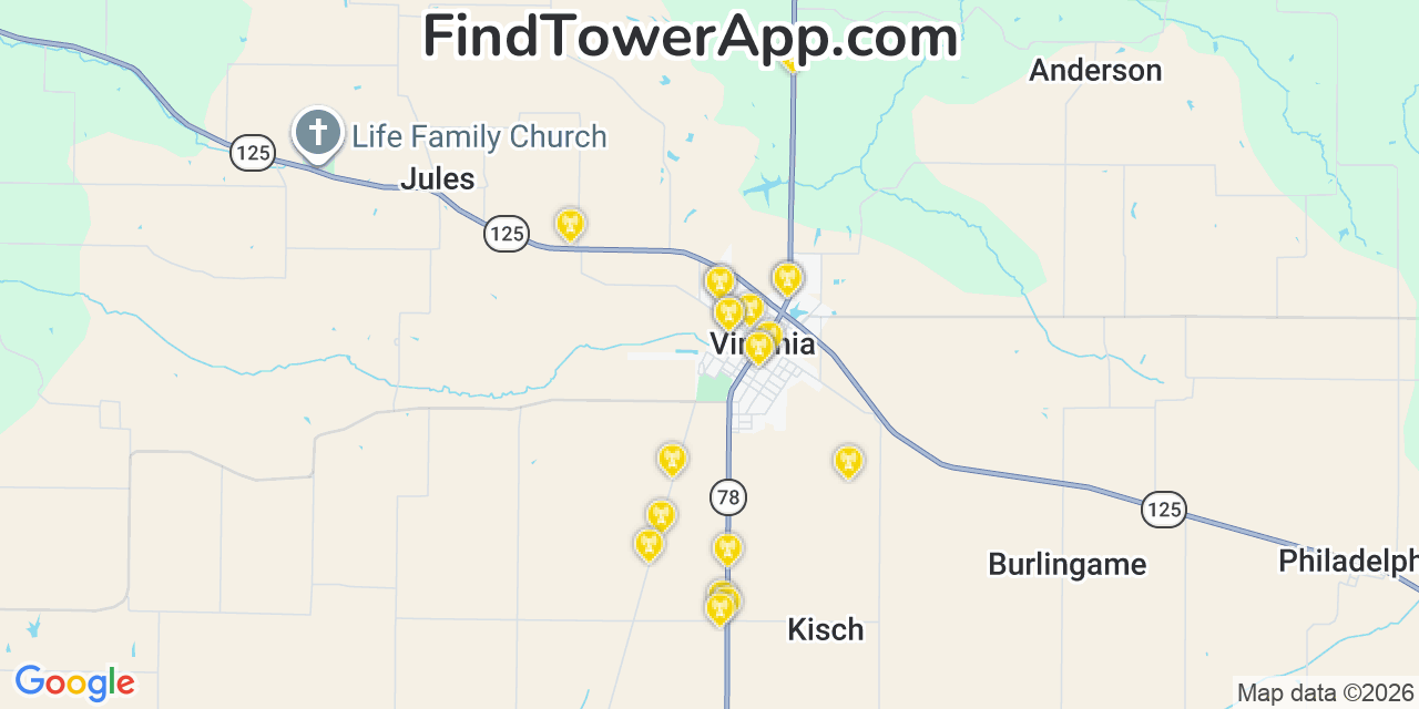 Map showing the 20 primary cell tower locations detected in Virginia, Illinois from AT&T, Verizon, and T-Mobile networks