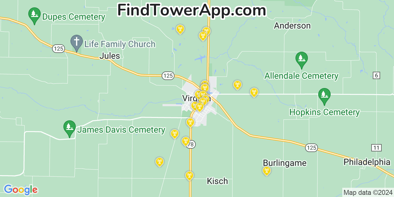 Verizon 4G/5G cell tower coverage map Virginia, Illinois