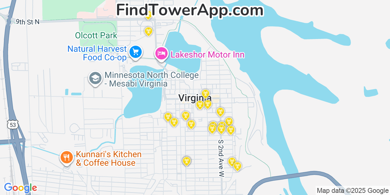 Map showing the 20 primary cell tower locations detected in Virginia, Minnesota from AT&T, Verizon, and T-Mobile networks