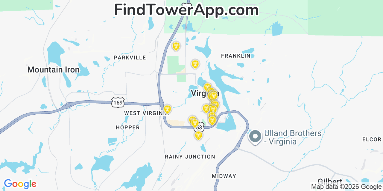 Map showing the 20 primary cell tower locations detected in Virginia, Minnesota from AT&T, Verizon, and T-Mobile networks