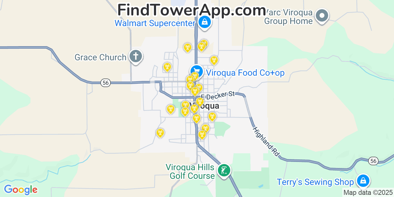Map showing the 20 primary cell tower locations detected in Viroqua, Wisconsin from AT&T, Verizon, and T-Mobile networks