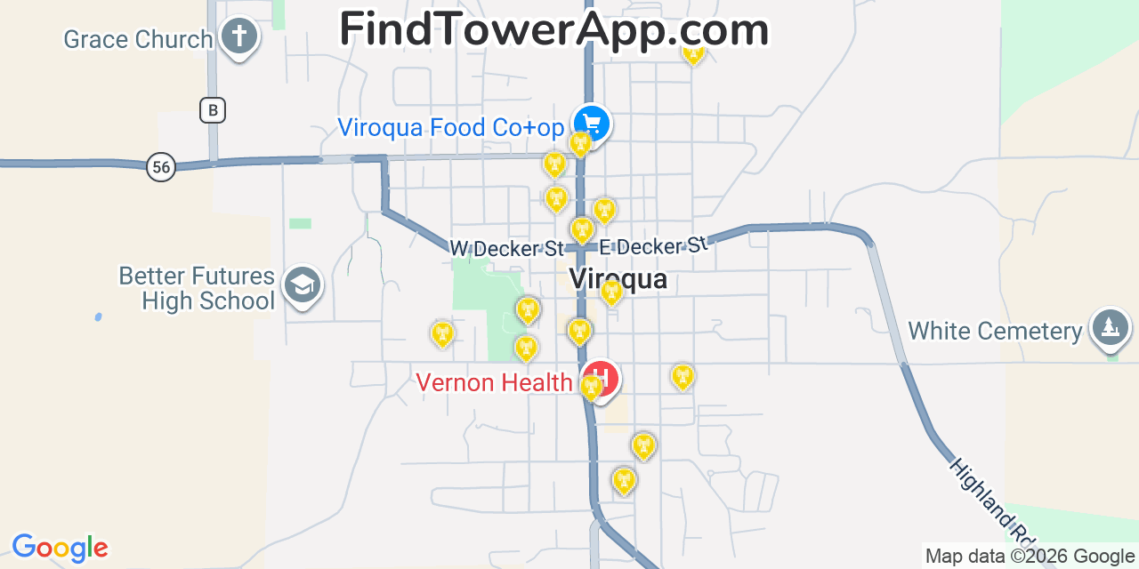Map showing the 20 primary cell tower locations detected in Viroqua, Wisconsin from AT&T, Verizon, and T-Mobile networks