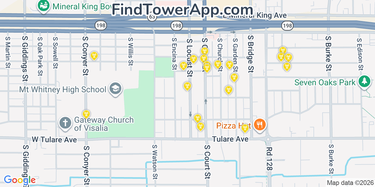 Map showing the 20 primary cell tower locations detected in Visalia, California from AT&T, Verizon, and T-Mobile networks