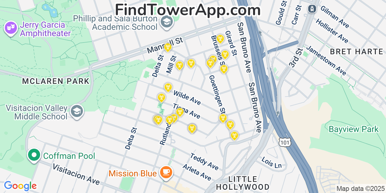 Map showing the 20 primary cell tower locations detected in Visitacion Valley, California from AT&T, Verizon, and T-Mobile networks