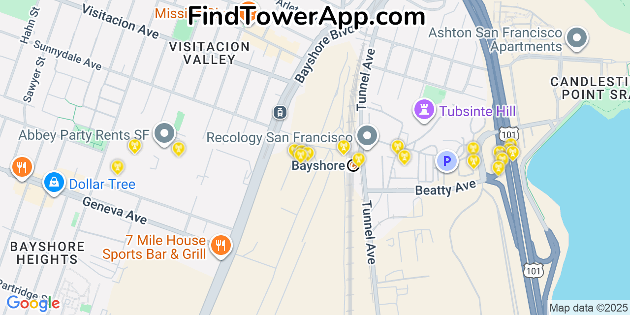 Map showing the 20 primary cell tower locations detected in Visitacion Valley, California from AT&T, Verizon, and T-Mobile networks