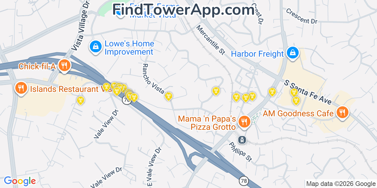 Map showing the 20 primary cell tower locations detected in Vista, California from AT&T, Verizon, and T-Mobile networks