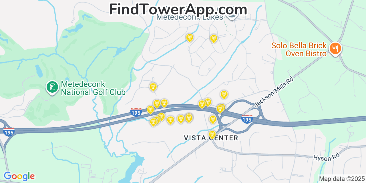 Map showing the 20 primary cell tower locations detected in Vista Center, New Jersey from AT&T, Verizon, and T-Mobile networks