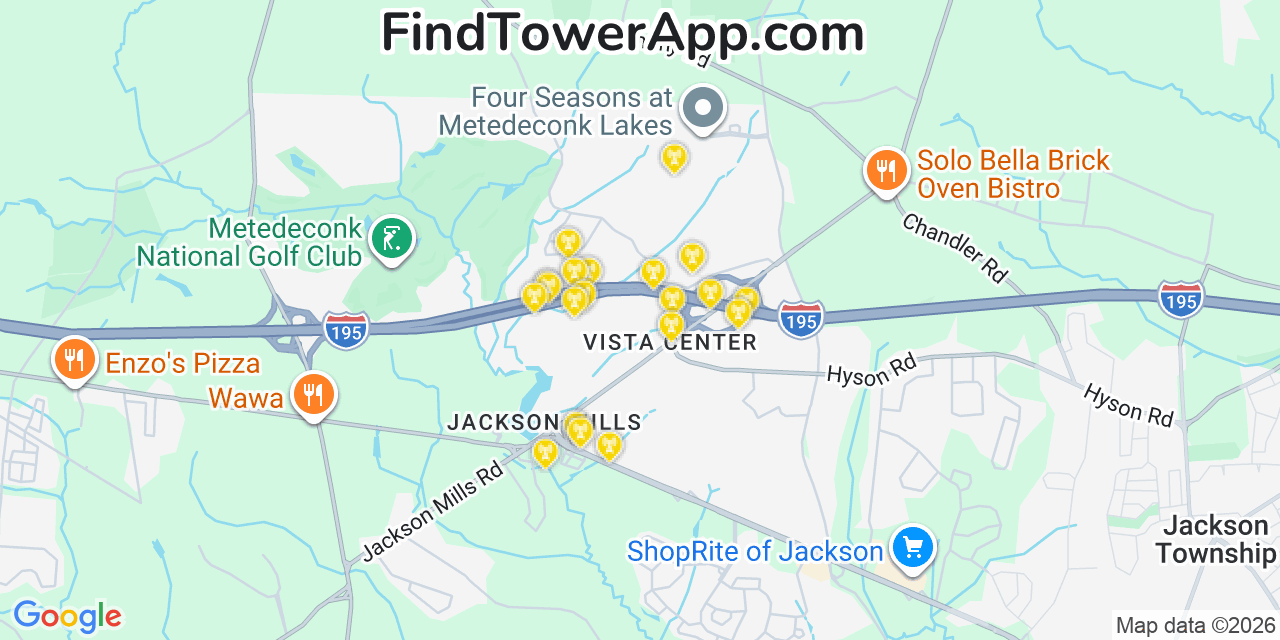 Map showing the 20 primary cell tower locations detected in Vista Center, New Jersey from AT&T, Verizon, and T-Mobile networks
