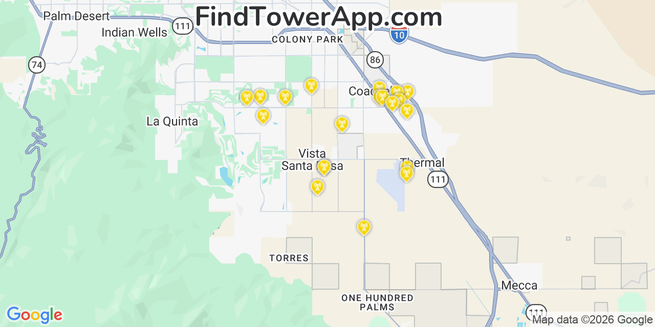 Map showing the 20 primary cell tower locations detected in Vista Santa Rosa, California from AT&T, Verizon, and T-Mobile networks