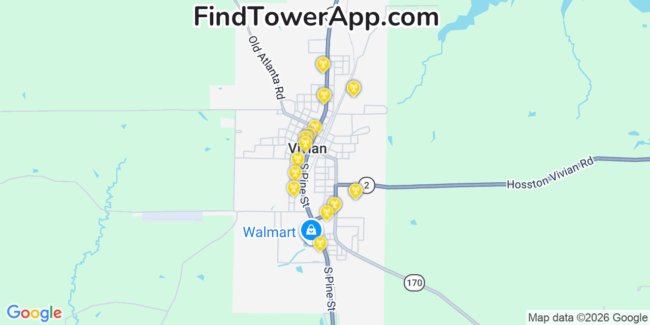 Map showing the 20 primary cell tower locations detected in Vivian, Louisiana from AT&T, Verizon, and T-Mobile networks