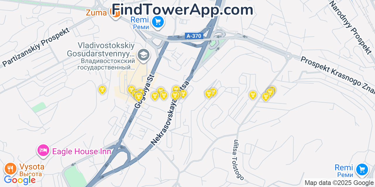 Map showing the 20 primary cell tower locations detected in Vladivostok, Russia with coverage areas and signal strength