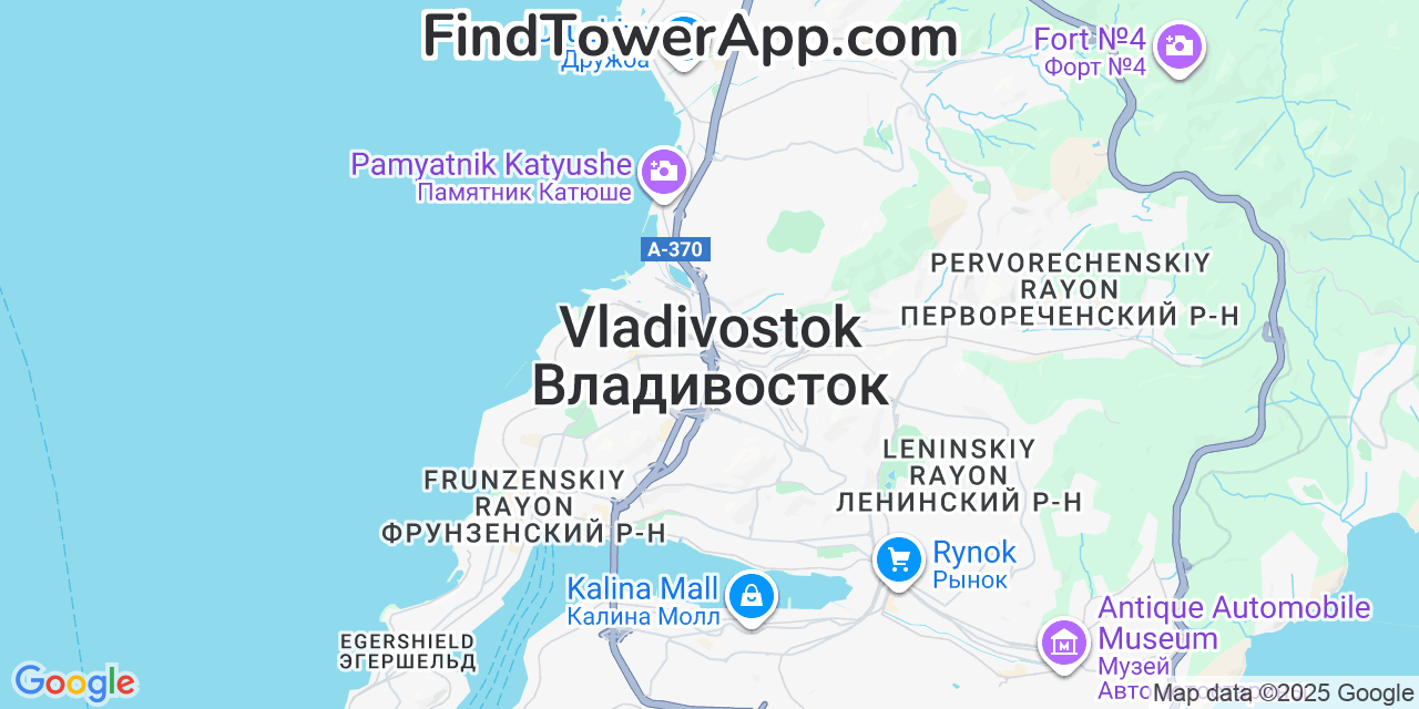 Map showing the 0 primary Yeniseytelecom cell tower locations detected in Vladivostok, Russia with coverage radius and signal strength indicators