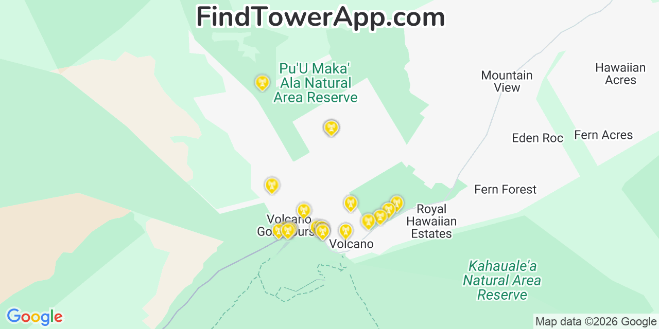 Map showing the 20 primary cell tower locations detected in Volcano, Hawaii from AT&T, Verizon, and T-Mobile networks