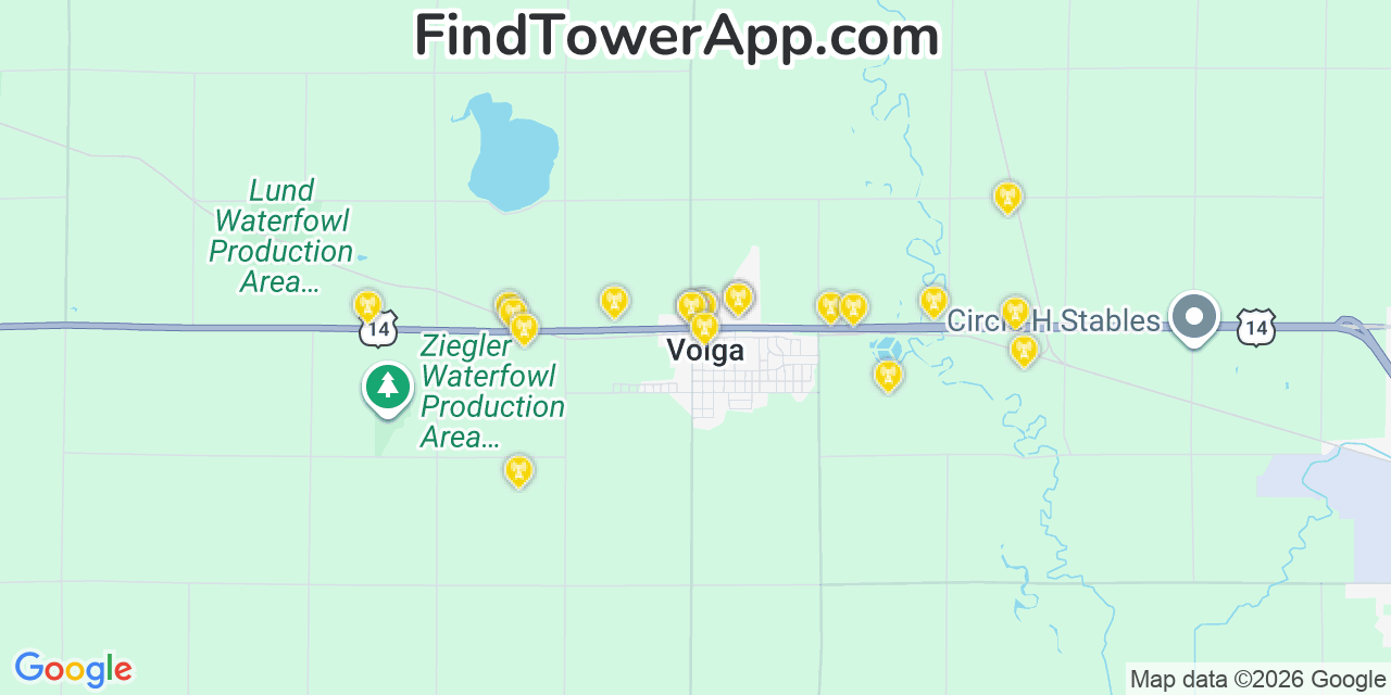 Map showing the 20 primary cell tower locations detected in Volga, South Dakota from AT&T, Verizon, and T-Mobile networks