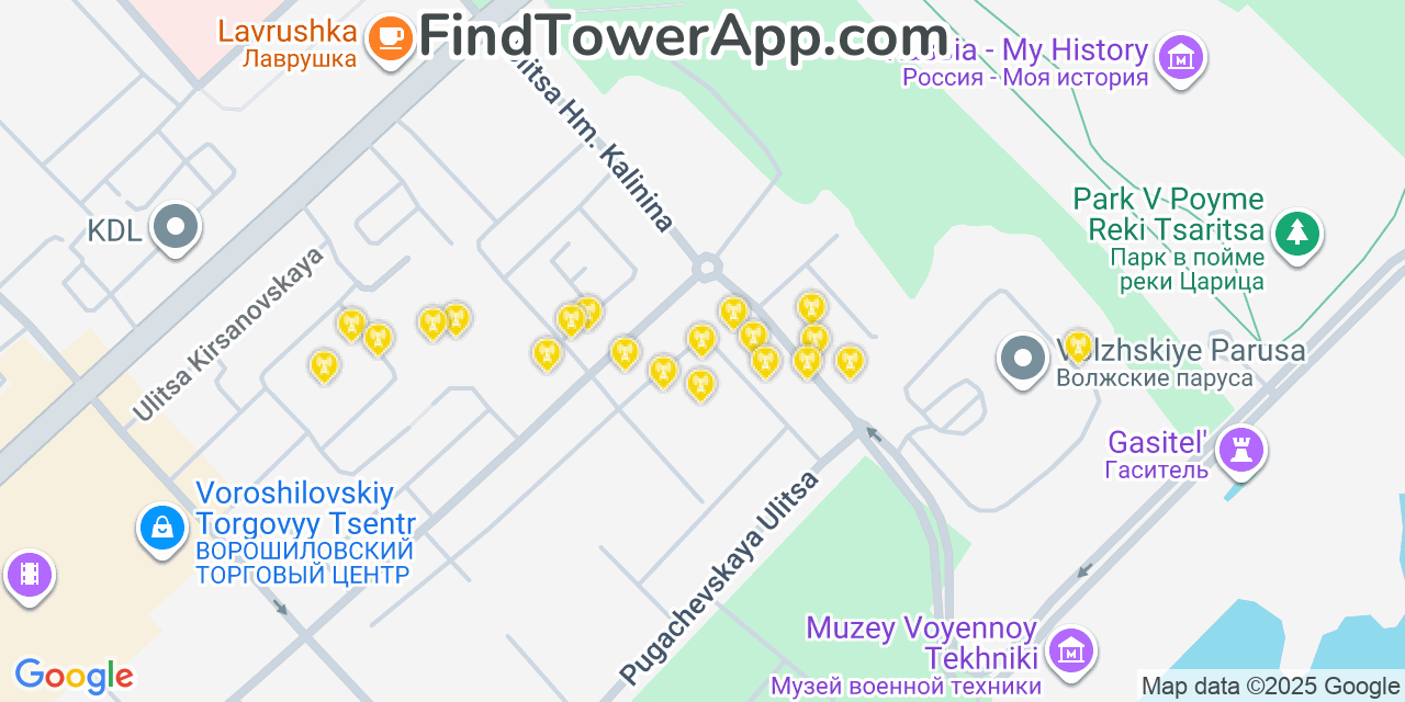 Map showing the 20 primary cell tower locations detected in Volgograd, Russia with coverage areas and signal strength