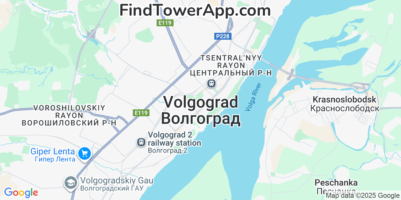 Map showing the 0 primary Yota cell tower locations detected in Volgograd, Russia with coverage radius and signal strength indicators