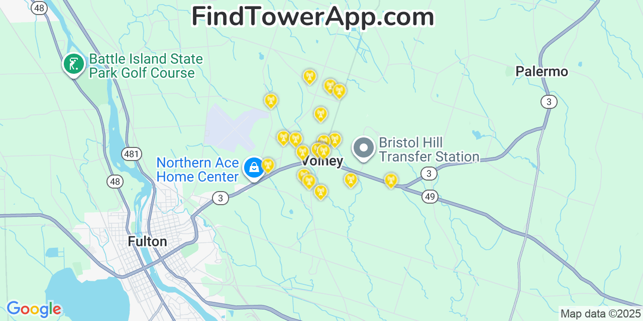 Map showing the 20 primary cell tower locations detected in Volney, New York from AT&T, Verizon, and T-Mobile networks