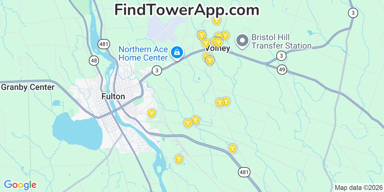 Map showing the 20 primary cell tower locations detected in Volney, New York from AT&T, Verizon, and T-Mobile networks